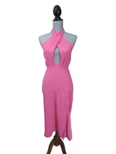 Lulus Flirty Chic Plunge Halter Midi Dress Womens S Pink Sleeveless Sexy Party