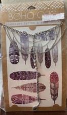 TEMPORARY TATTOO FEATHERS PURPLE/SILVER FOIL  HAND CHAIN SHIMMERING