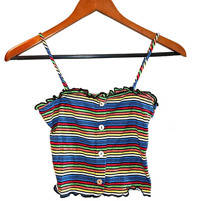 Timing Top Juniors Size Small Tank Rainbow Striped Cropped Buttons Lettuce Trim