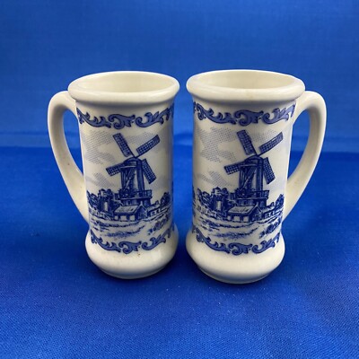 Set of 2 ceramic white blue windmill shot glasses with handle