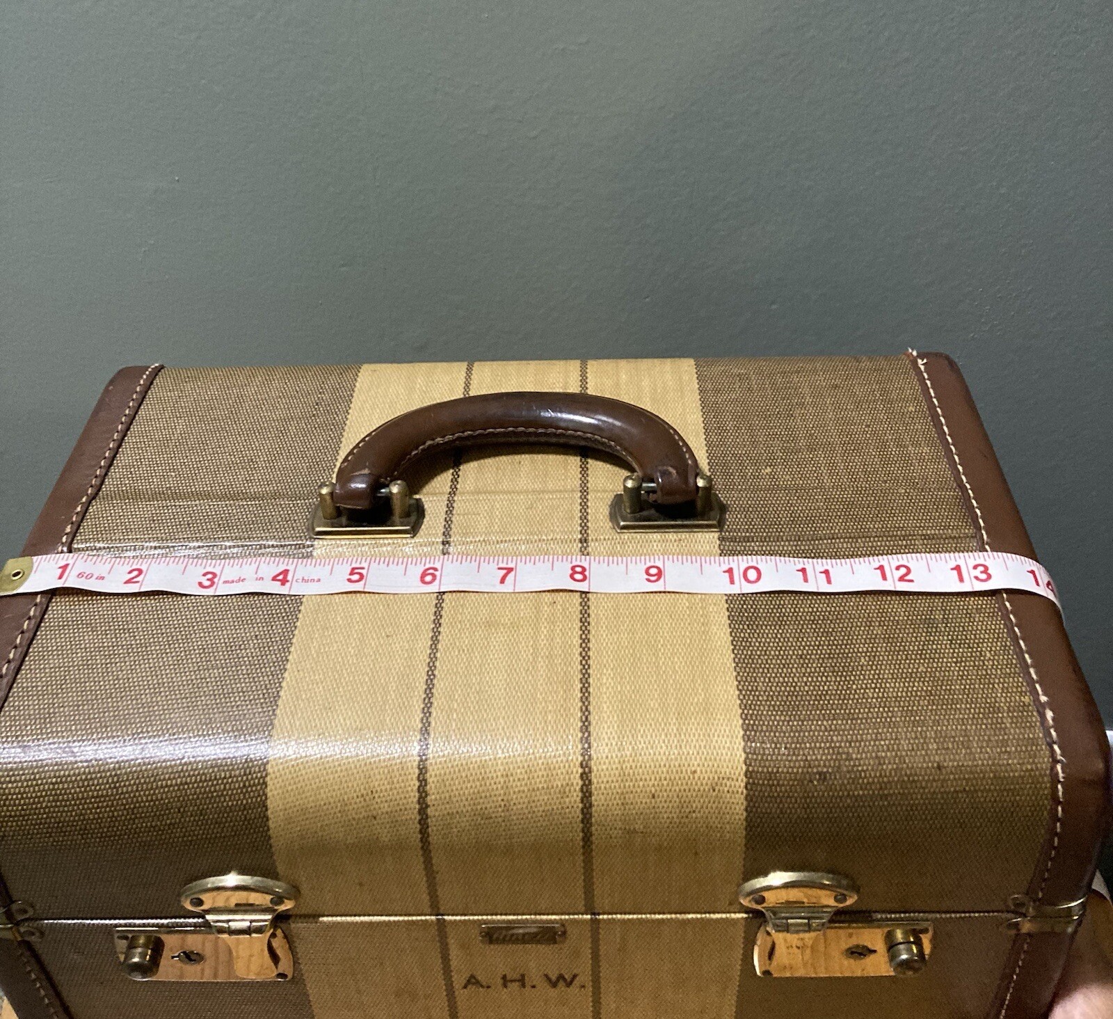 Vintage Airess Hard Sided Train Case Tweed Look Leather Trim Brown Tan