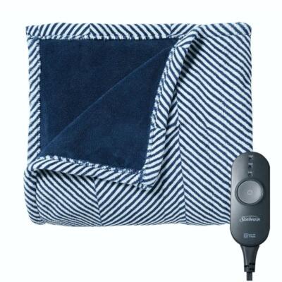 Sunbeam Microplush Electric Heated Throw Blanket Navy Blue