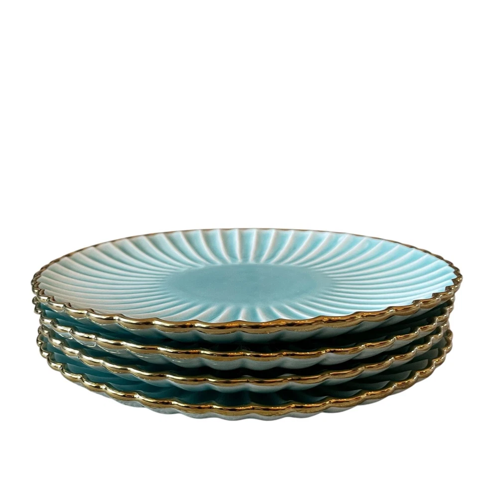Aqua Ceramic Dinner Plates 11" Turquoise Scalloped Edge Gold Accent Set of 4 New - Image 4 of 4