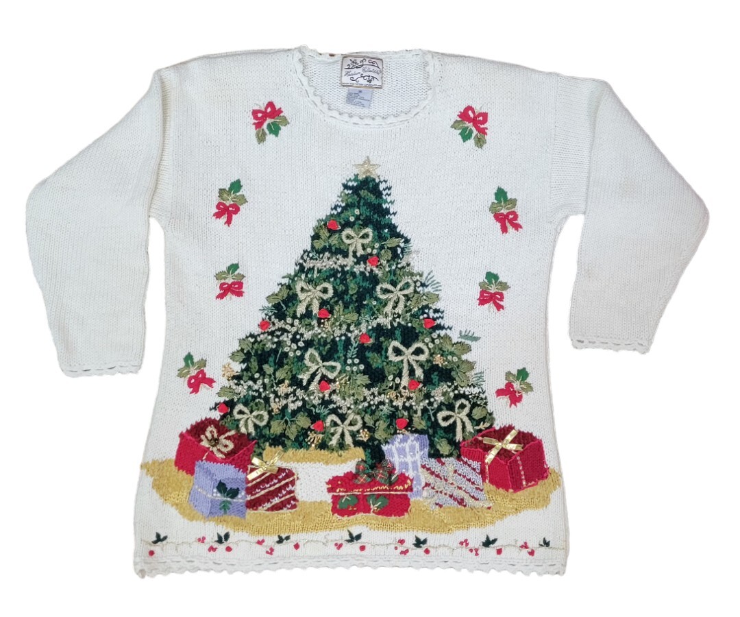 Vtg Heirloom Collectibles Sweater Womens M Pullover Christmas Embroidery  Tree