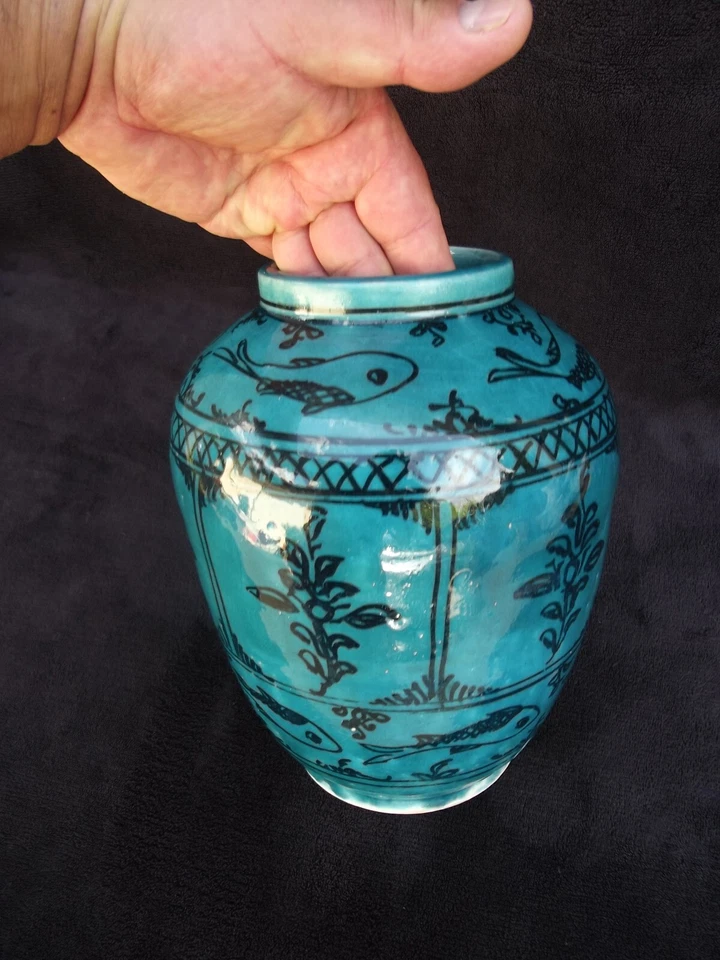 Vase céramique Iran Qajar Islamic Kadjar Perse céramique Poissons Bleu turquoise - Photo 4/4