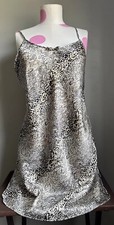 Vtg Secret Treasures Shiny Satin Nylon Gown Nightie L Second Skin Leopard Print