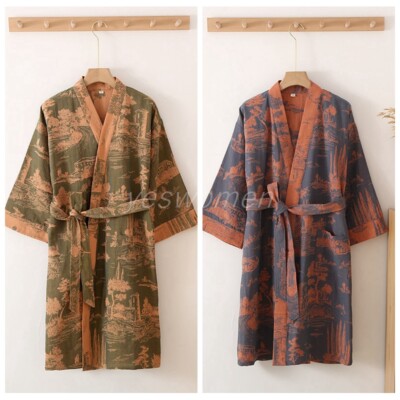 Men 100% Cotton Robe Long Cardigan Kimono Bathrobe Bathrobes Nightgown  Sleepwear