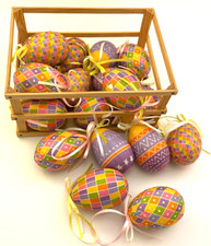 Paper Mache Hanging Easter Eggs Multicolor Set of 16 With Wooden Crate