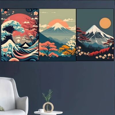 3-teiliges Set Japanische Orientalische Berge Leinwand Wandbild Bild Druck ungerahmt R