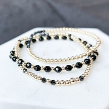 2-3MM Natural Black Tourmaline Faceted Round Gemstone Stretchable Bracelet 6-8"