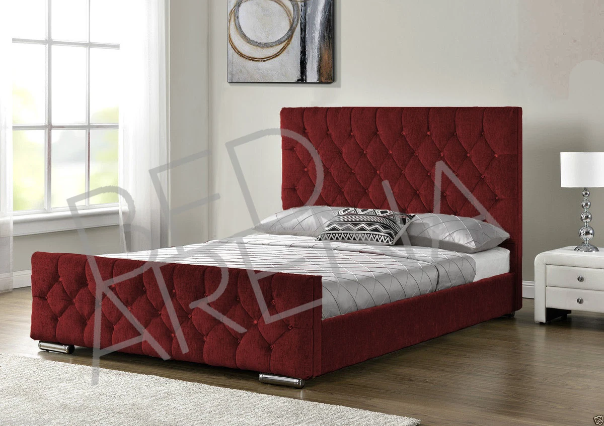 RED CHENILLE UPHOLSTERED CHESTERFIELD BED MATTRESS BUTTON CHOICE
