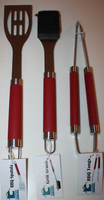 Living Concepts Red Stainless Steel Spatula Brush Tongs 3 Piece BBQ Grilling Set