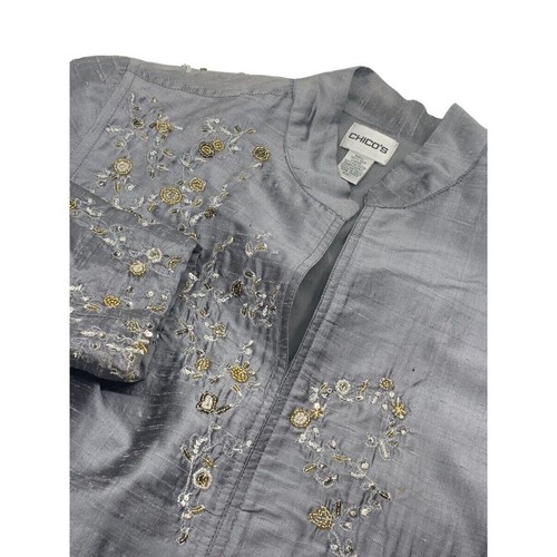 Chico's LS Open Front Lined Silk Cardigan/Jacket Gray Beaded Embroidered 1/Med - Picture 2 of 7