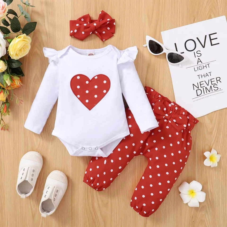 Newborn Baby Girl Tops Romper Bodysuit Jumpsuit Polka Dot Pants Outfits Clothes - Image 2 of 4
