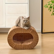 Bamboo-Woven Oval Cat Cave House With Cat Bed Breathable Indoor Brown