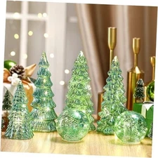  6 Pcs Mercury Glass Christmas Tree for Tabletop Light up Figurine Sage Green