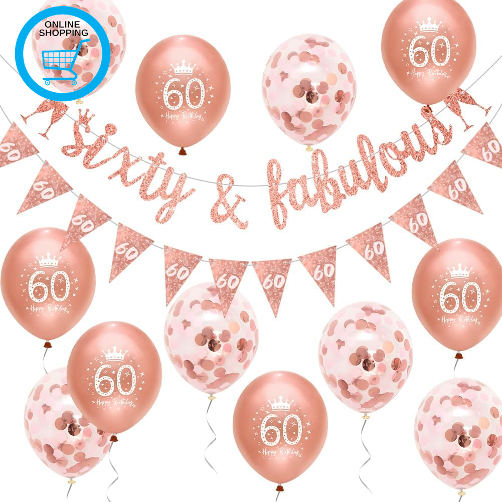 Women 60Th Birthday Decorations Rose Gold Glitter Sixty & Fabulous Banner Balloo