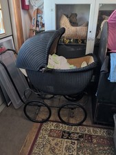 Antique Black Victorian Infant Carriage wicker and steel 