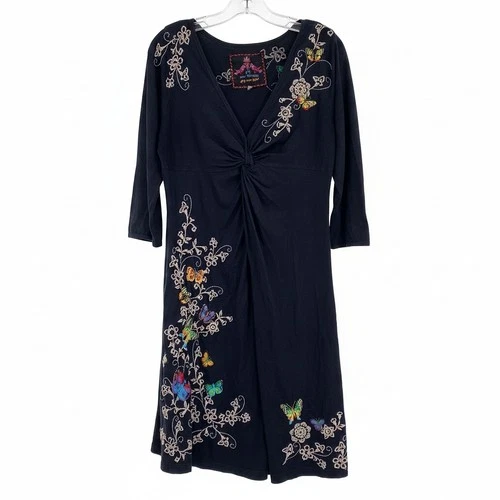 Johnny Was Black Embroidered Butterfly Midi Dress | Women’s M