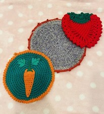 3 Vintage Crocheted Potholders Trivets Kitschy Granny Core Strawberry/Carrot