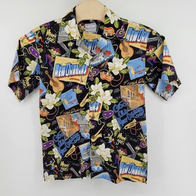 David Carey Button Up Shirt Mens Medium Black New Orleans Mardi Gras Hawaiian