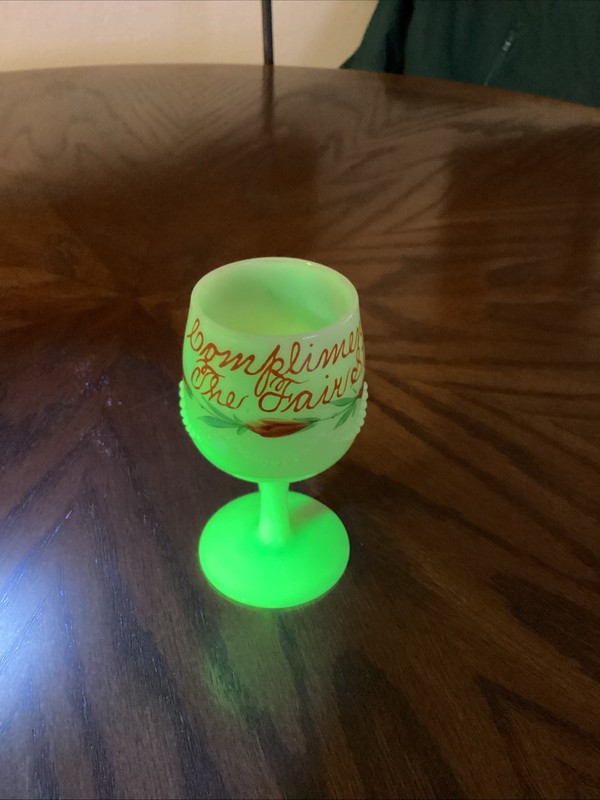 Antique 1900s Custard Uranium Glass Souvenir Goblet The Fair Store 3 3/4" Tall