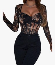 Women s Amazon Black and Brown Lace Bodysuit Sz Medium