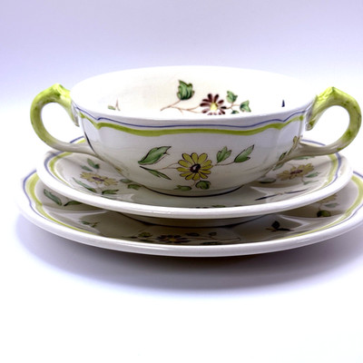 Vintage Longchamp Moustiers 3 Pc. Soup/Bouillon Set,  Hand Painted,  Cream Color