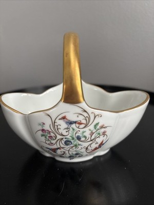 VTG 4  LIMOGES CASTEL FRANCE HANDLED BASKET 22K GILT W/BIRDS & FLOWERS