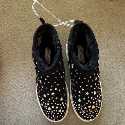 Steve Madden Girls Black Ankle Zip Sneakers Studded Rhinestone Hearts Stars