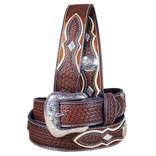 43MF Western Nocona Mens Belt Tooled Diamond Silver Conchos Copper 48 Ines