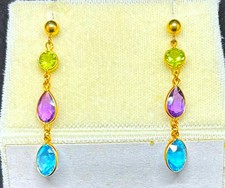 Vintage 14 KT Yellow Gold earrings w/ Peridot, Amethyst, Blue Topaz Gemstones