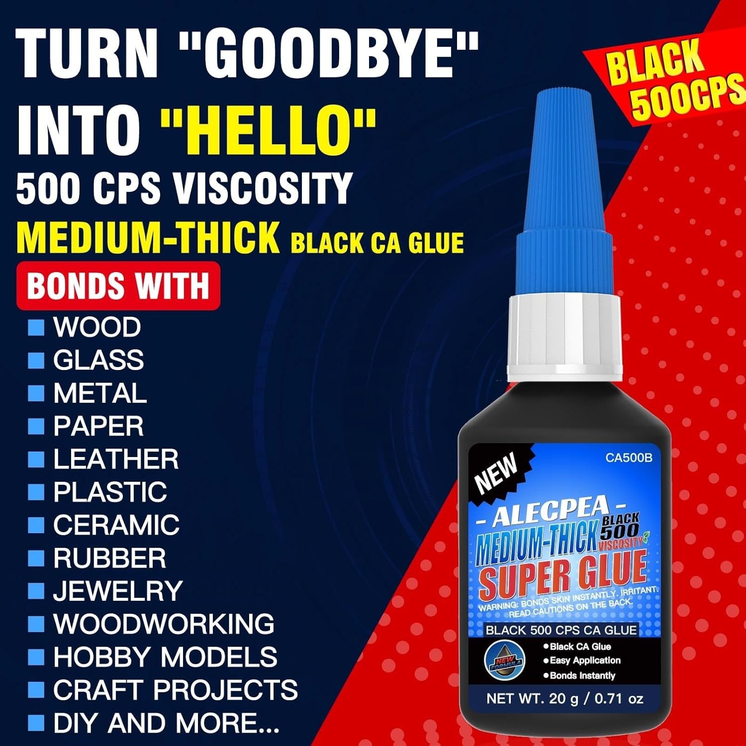 20g Black Medium-Thick CA Glue (500 CPS),Premium Cyanoacrylate Super Glue for...
