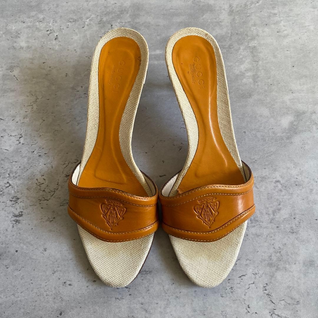 GUCCI Vintage Leather Canvas Mules Sandals Women's Size EU35.5 US5.5