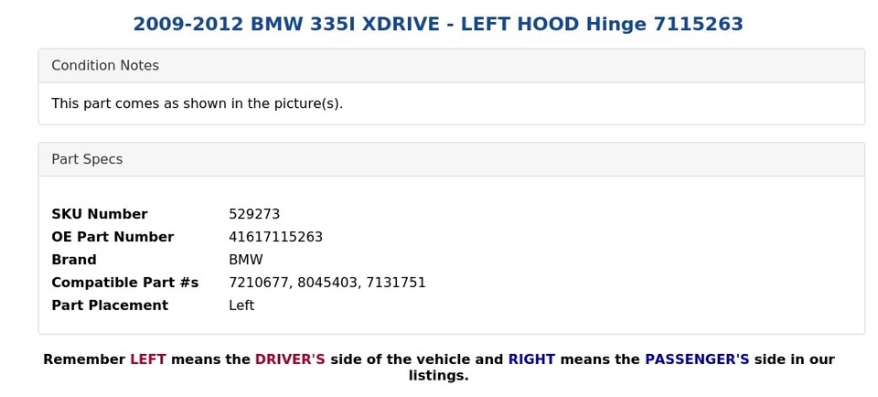 BMW 335I XDRIVE 2009-2012 - capó izquierdo bisagra 7115263 Foto 3 de 4