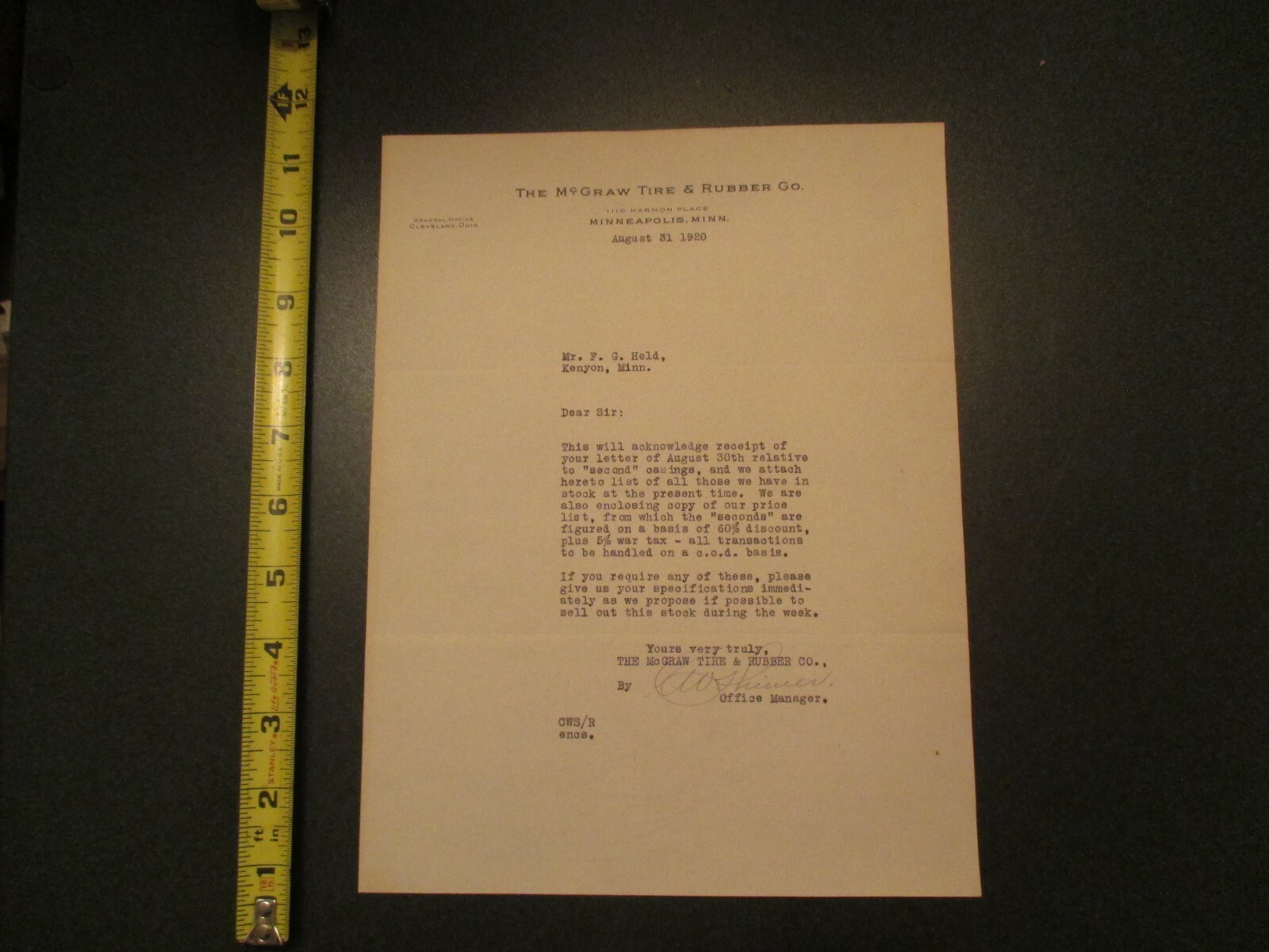 Vintage 1920 McGraw Tire Rubber Co Letterhead Minneapolis MN  