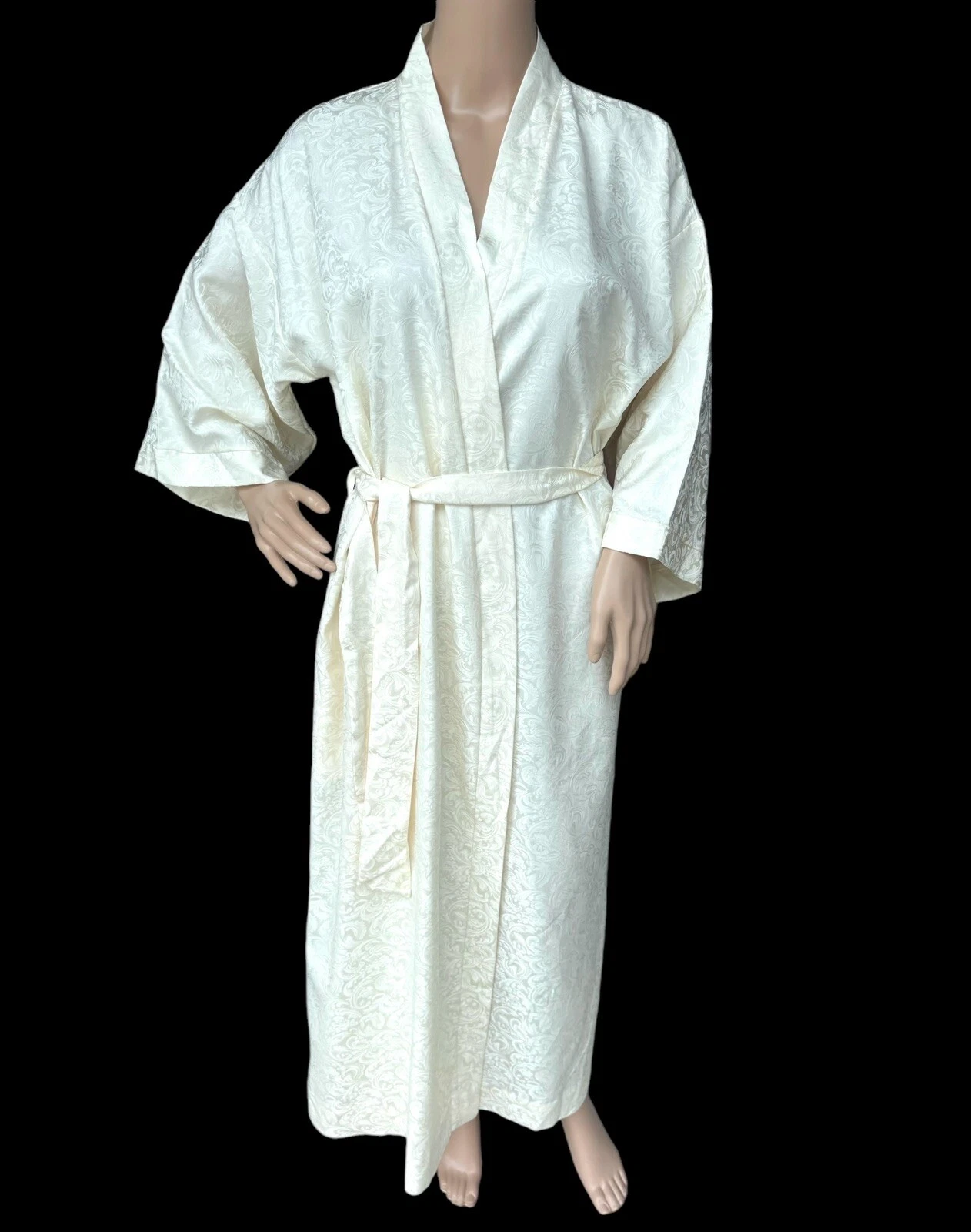 Robe de nuit kimono jacquard ivoire CHRISTIAN DIOR vintage années 80 ceinturée M