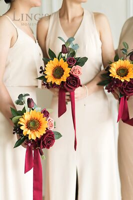 Ling's Moment Set of 6 Sunflower and Burgundy Bridesmaid Bouquet Wedding  Bouq... | eBay