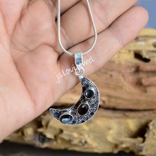 Natural Black Onyx Multi Gemstone 925 Sterling Silver Hand Work Moon Pendant
