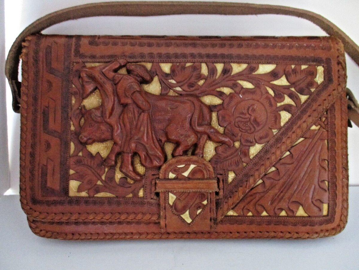 Vintage Davalos Hand Tooled Carved Leather Handbag Mexico Matador 