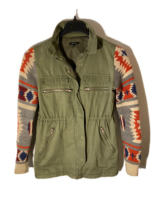 Quinn Women S Utility Field Jacket-Khaki Green Cotton-Knit Aztec  Sleeves-Zip Up
