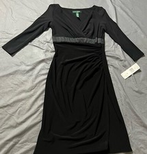 Lauren Ralph Lauren Essentials Black Vneck Midi Dress Sleeves Size 2p