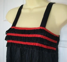 Vintage Queentex Black Satin Slip Dress Lingerie Women's M Red Lace Ruffles Sexy