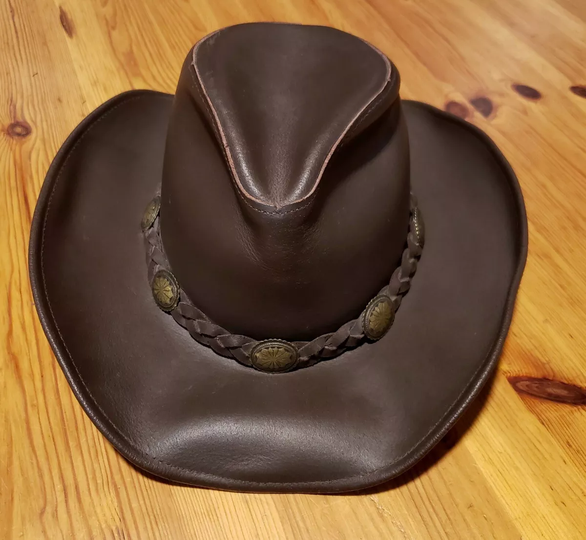 Vtg Henschel USA brown leather cowboy hat with braid size Small eBay