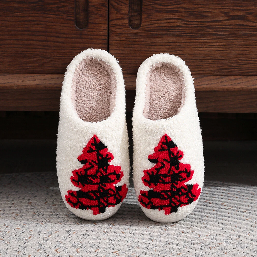 C# Women Men Breathable Bedroom Slippers Non-Slip Christmas Tree Cotton Slippers