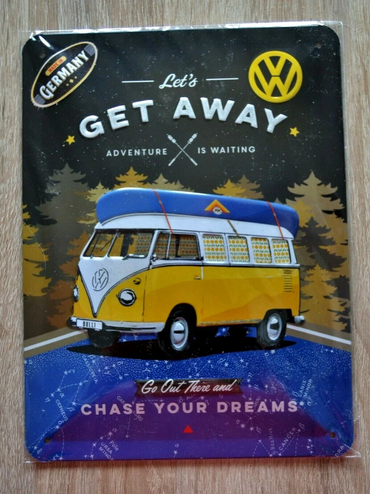 Plaque en tôle Nostalgic Art VW BULLI - LET`S GET AWAY NIGHT, 15 x 20, neuve - Photo 1/1
