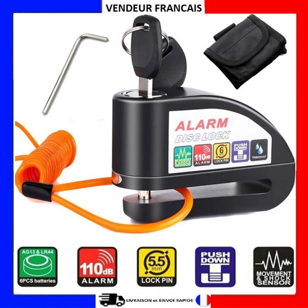 Antivol moto bloque disque étanche avec sirène autonome haute puissance et corps en alliage