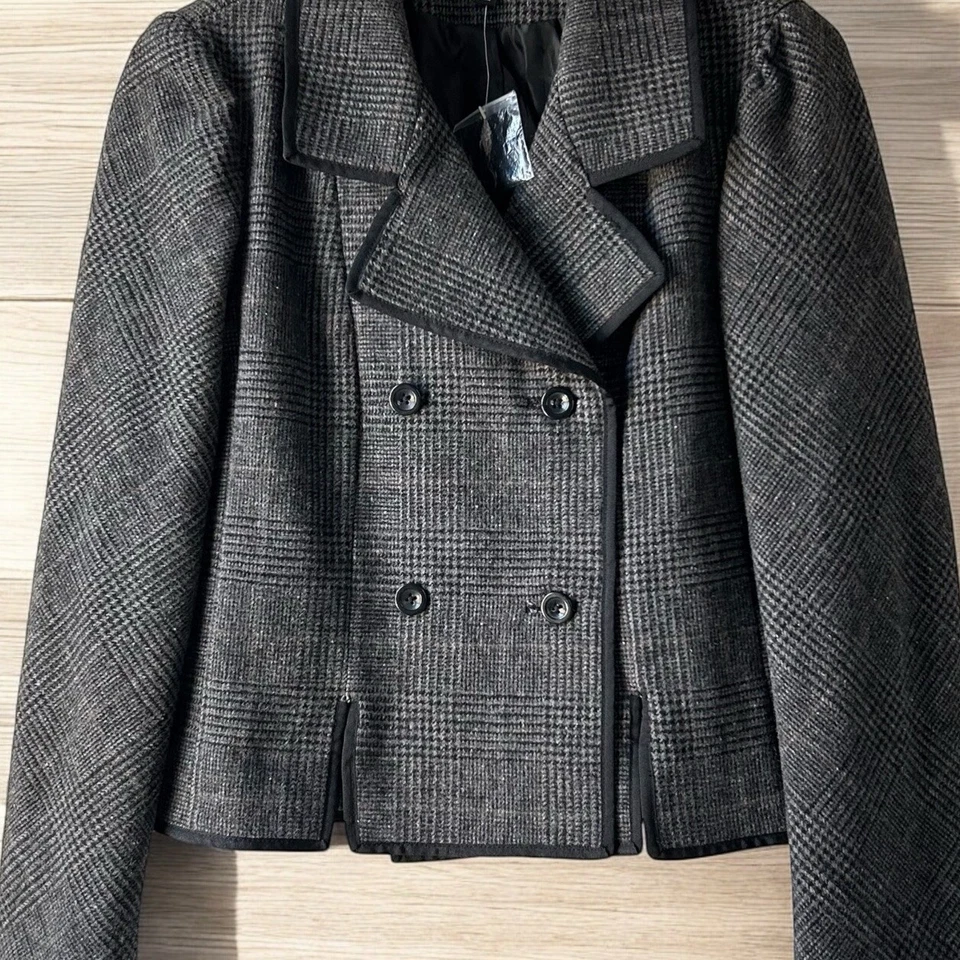 Cynthia Rowley Jacket Women's Sz M Gray Black Plaid Double-Breasted Wool Blend - Image 2 of 4