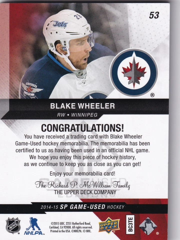 2014-15 SP Game Used Gold Spectrum Materials #53 Blake Wheeler 39/90 Stick Piece - Image 2 of 2