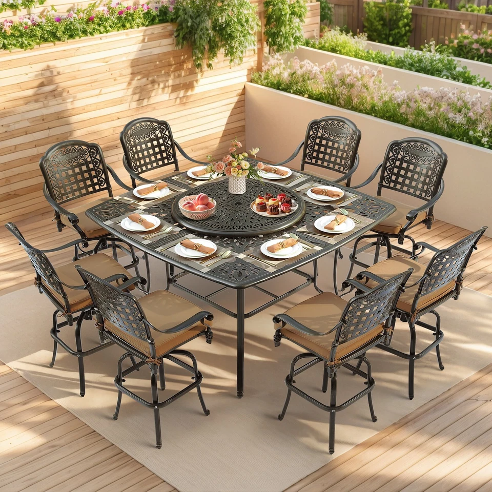 Juego de 10 piezas de taburetes de bar y mesa de comedor giratorios grandes para exteriores con Lazy Susan Foto 2 de 4